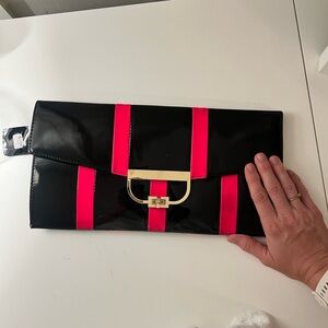 Black and Hot Pink Patent Clutch